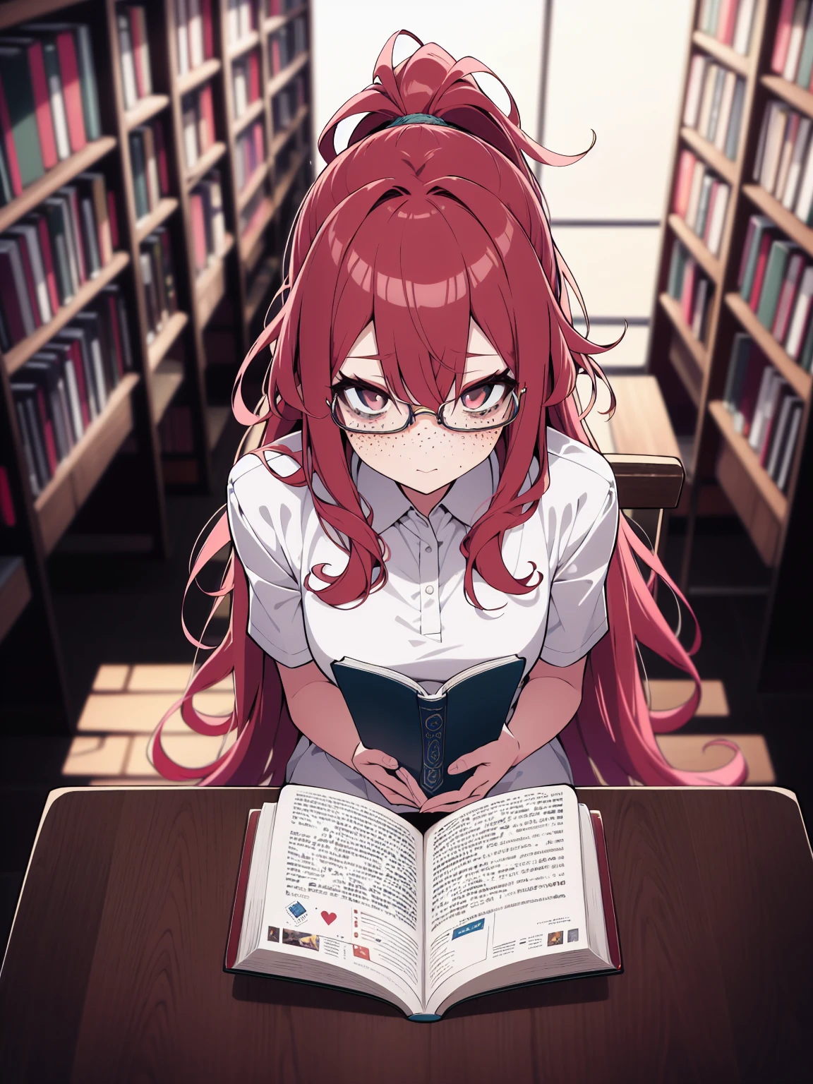 from above, colorful, (best quality, ultra-high resolution, depth of field:1.2), 1woman, long red hair, ponytail, hazel eyes, freckles, slender build, white dress, glasses, (library background), focused and serene, sitting, reading a book