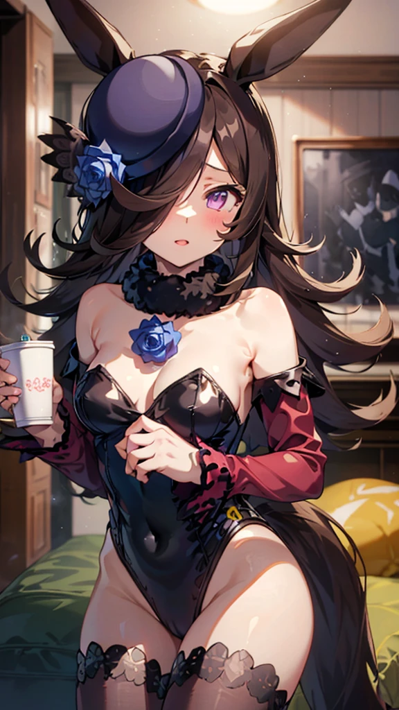 rice shower (umamusume), 1girl, solo, long hair, breasts, looking at viewer, blush, brown hair, thighhighs, hat, bow, navel, holding, animal ears, bare shoulders, purple eyes, tail, flower, small breasts, black thighhighs, indoors, bowtie, hair over one eye, leotard, cup, wrist cuffs, detached collar, rose, playboy bunny, horse ears, horse girl, horse tail, blue headwear, tray, blue flower, hat flower, blue leotard, holding tray, nontraditional playboy bunny
