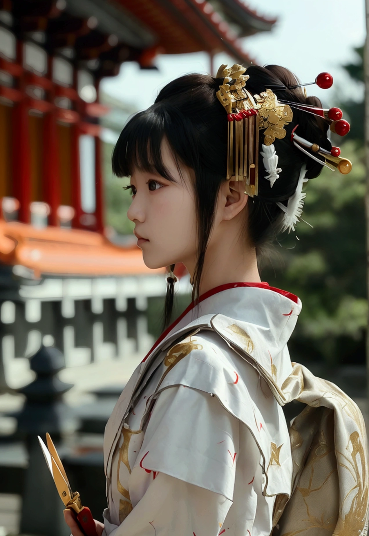 A Japanese female priest、The costume is mainly white with red lines running down the shoulders.、Looking at us sideways、Holding a pair of silver sewing scissors、Gold hair ornament on the back of the head、Dark brown hair、Straight Long Hair、In the temple grounds、Upper body close-up