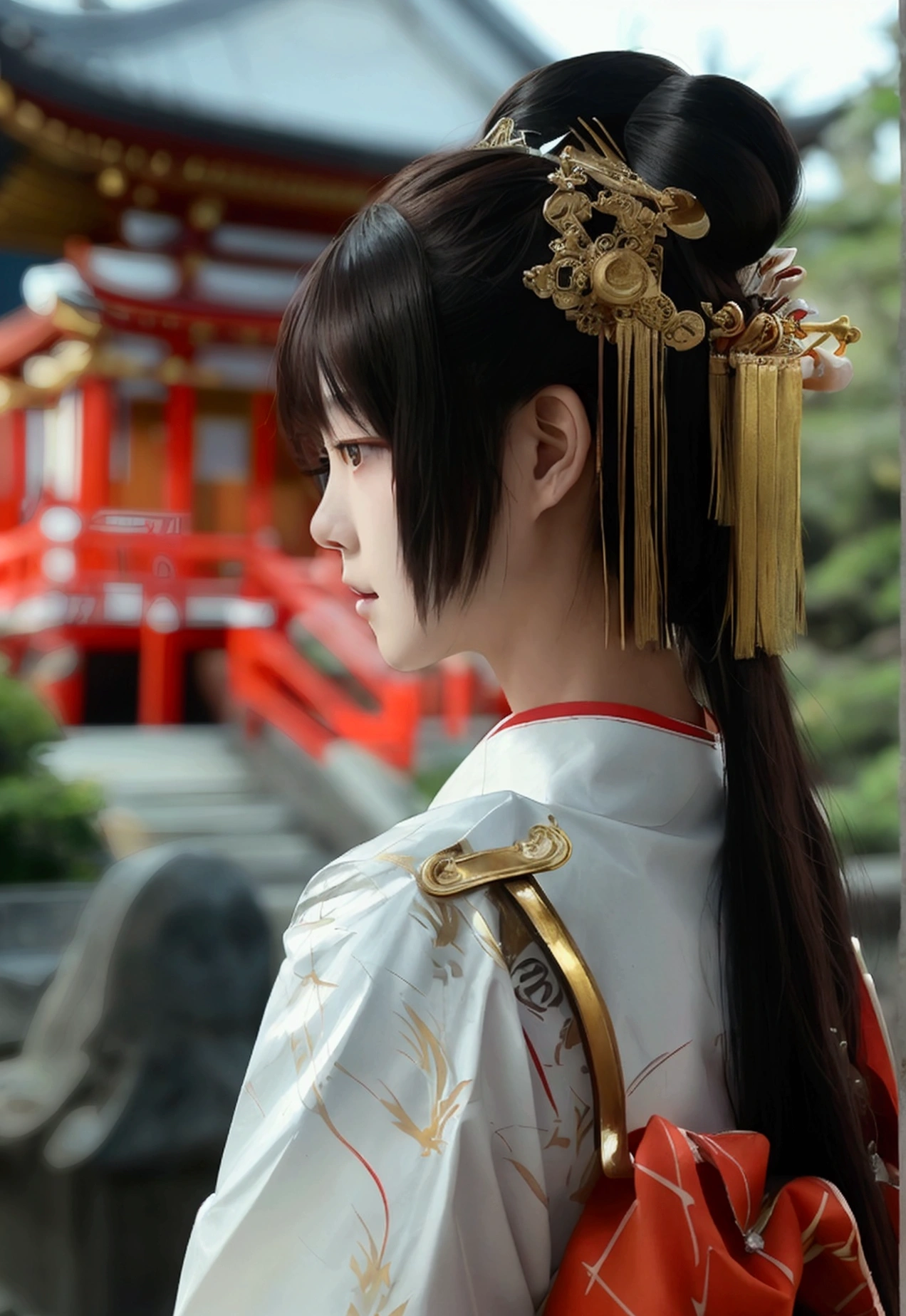 A Japanese female priest、The costume is mainly white with red lines running down the shoulders.、Looking at us sideways、Holding a pair of silver sewing scissors、Gold hair ornament on the back of the head、Dark brown hair、Straight Long Hair、In the temple grounds、Upper body close-up