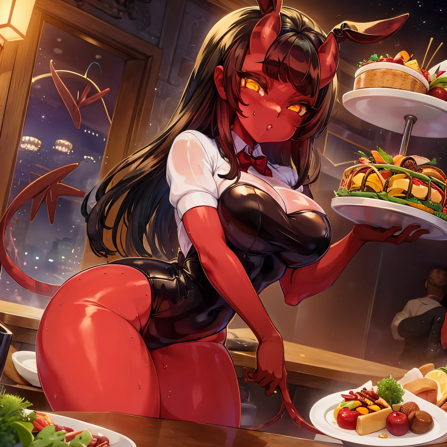 Beautiful picture), (Masterpiece), ((((Solo)))), ((big breasts)), (curvy), (sexually suggestive), (wearing latex bunny suit), perfect hands, sexy legs, (pouting), (bored), (holding a tray of food), (stockings), (demon horns), at a restaurant, (tight clothes),