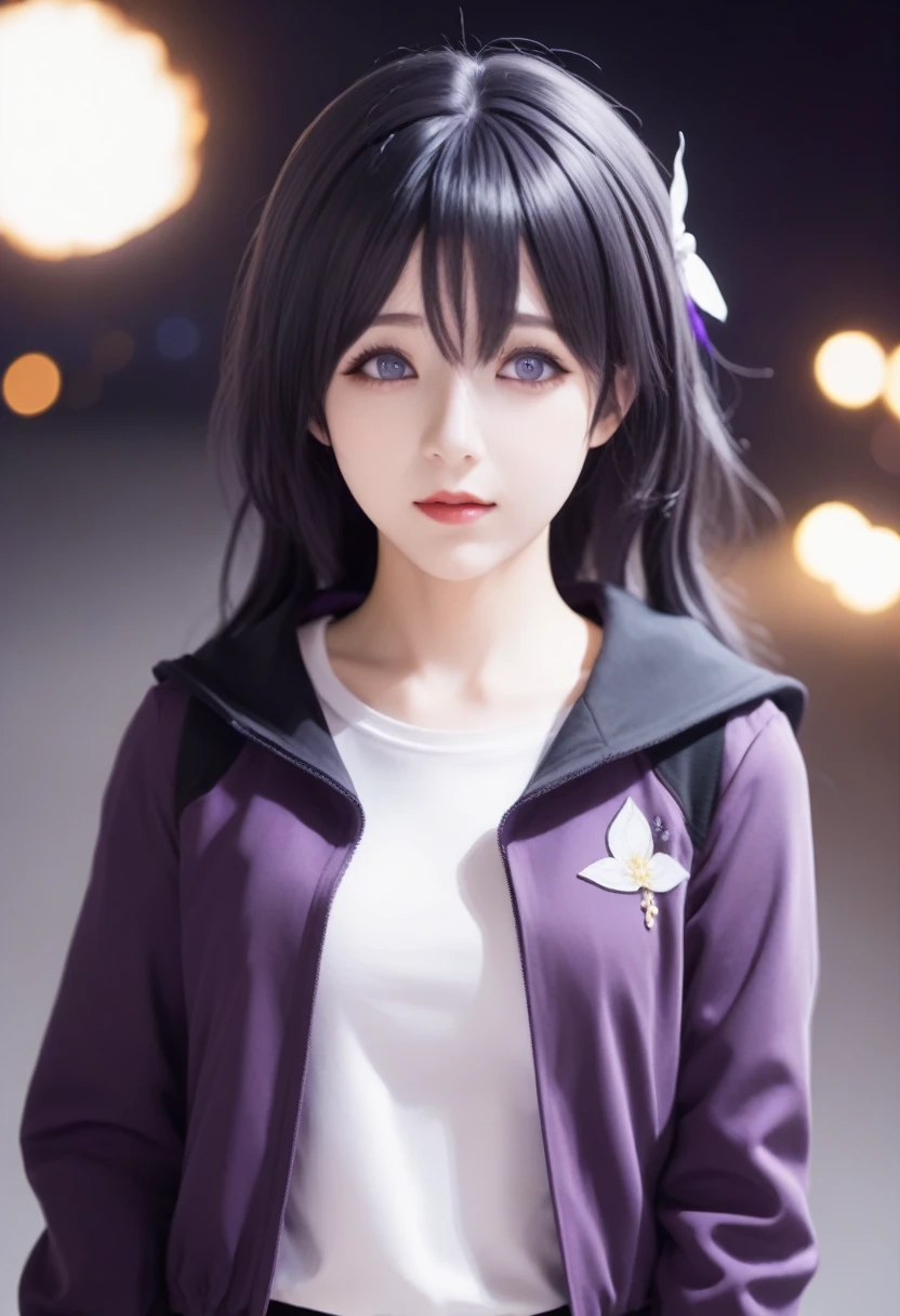 fire Fly_\(Honkai:_star_rail\), One girl, black_hairband, gray_hair, length_hair, purple_eye, black_Jacket, length_sleeve, hair_between_eye, white_shirt, very_length_hair