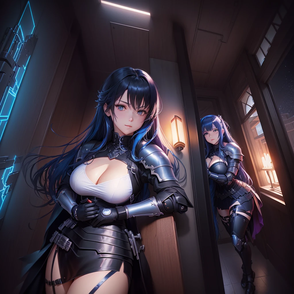anime, two girls, a woman in a black leather outfit with blue hair and blue eyes, seductive tifa lockhart jet black haired cyberpunk girl. and, a woman in armor, knight female, girl in knight armor, female knight, gorgeous female paladin, blone haired paladin. hugging, anime style like fate/stay night, official artwork, two beautiful anime girls, light novel cover art, fate / stay night, puce and vermillion, sakimichan and frank franzzeta, fine details. girls frontline, kantai collection style, yandere