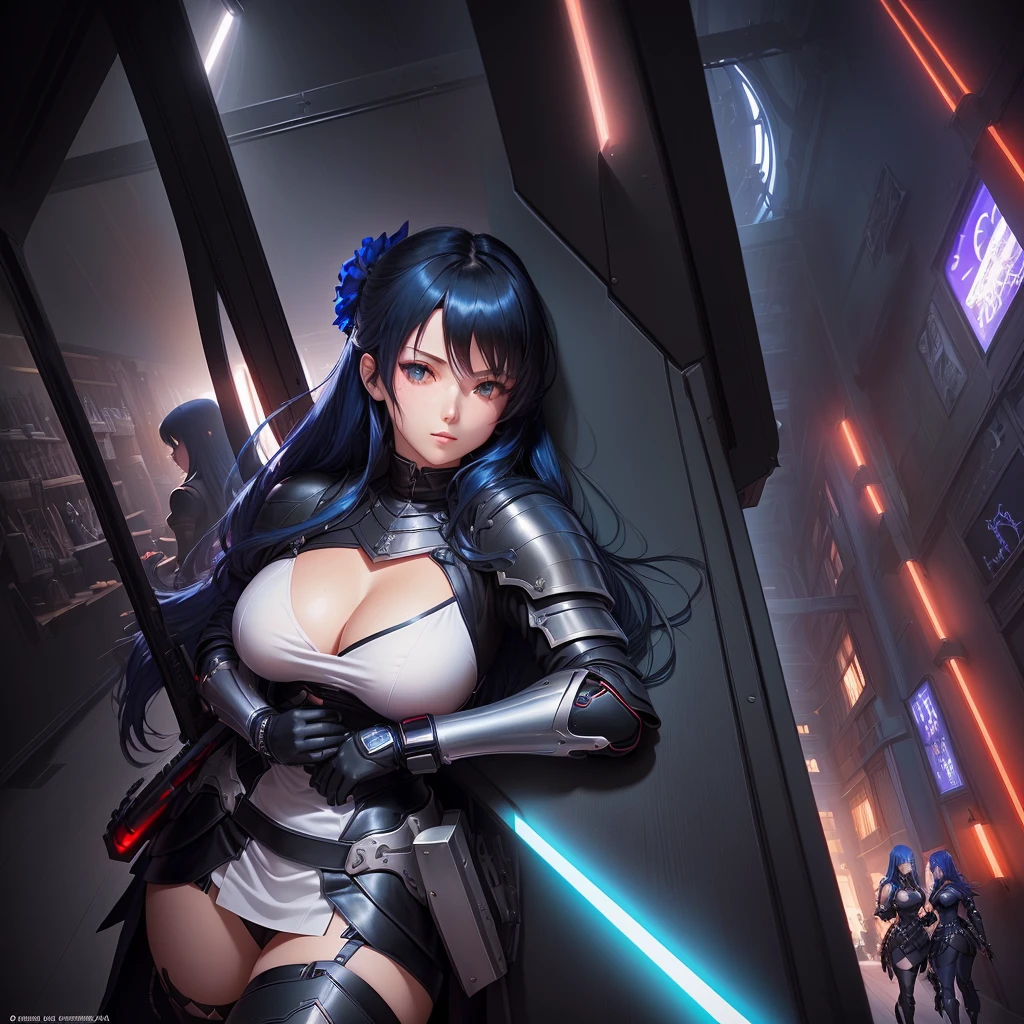 anime, two girls, a woman in a black leather outfit with blue hair and blue eyes, seductive tifa lockhart jet black haired cyberpunk girl. and, a woman in armor, knight female, girl in knight armor, female knight, gorgeous female paladin, blone haired paladin. hugging, anime style like fate/stay night, official artwork, two beautiful anime girls, light novel cover art, fate / stay night, puce and vermillion, sakimichan and frank franzzeta, fine details. girls frontline, kantai collection style, yandere