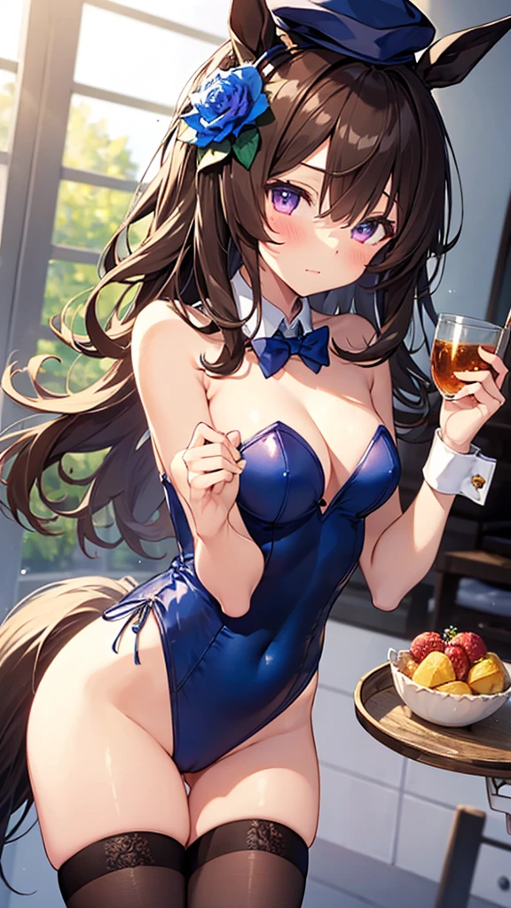 rice shower (umamusume), 1girl, solo, long hair, breasts, looking at viewer, blush, brown hair, thighhighs, hat, bow, navel, holding, animal ears, bare shoulders, purple eyes, tail, flower, small breasts, black thighhighs, indoors, bowtie, hair over one eye, leotard, cup, wrist cuffs, detached collar, rose, playboy bunny, horse ears, horse girl, horse tail, blue headwear, tray, blue flower, hat flower, blue leotard, holding tray, nontraditional playboy bunny