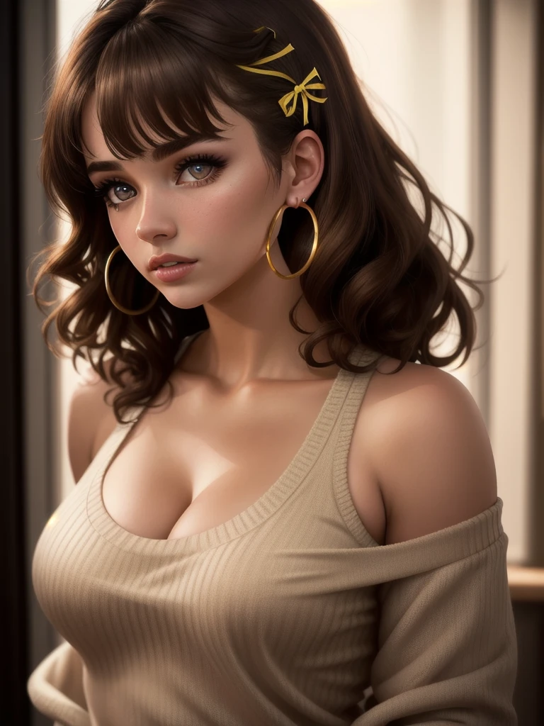 illustration, style of Philip Lorca diCorcia, cinematic film still portrait of young girl aged 18 yrs old, 1girl, solo, Instagram model, athletic figure, modest bust size, deep cleavage, cute face, wearing an off the shoulder brown sweater, wearing jean shorts, light brown hair, short curly hair, crossed bangs, brown eyes, constricted pupils, hair ribbon, hoop earrings, cinematic lighting, Ultra-Wide Angle, Canon, Hyperrealism, UHD, masterpiece, textured skin, high details, best quality, detailed eyes, detailed iris