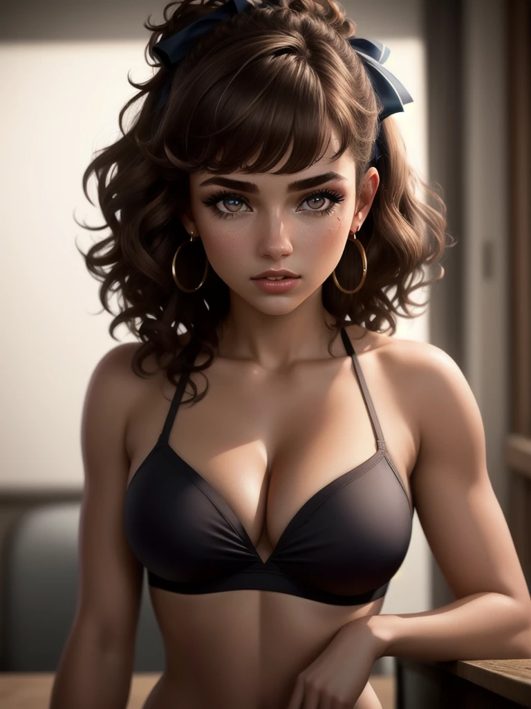 illustration, style of Philip Lorca diCorcia, cinematic film still portrait of young girl aged 18 yrs old, 1girl, solo, Instagram model, athletic figure, deep cleavage, modest bust size, pretty face, wearing a black bikini, light brown hair, short curly hair, crossed bangs, brown eyes, constricted pupils, hair ribbon, hoop earrings, cinematic lighting, Ultra-Wide Angle, Canon, Hyperrealism, UHD, masterpiece, textured skin, high details, best quality, detailed eyes, detailed iris, close up view