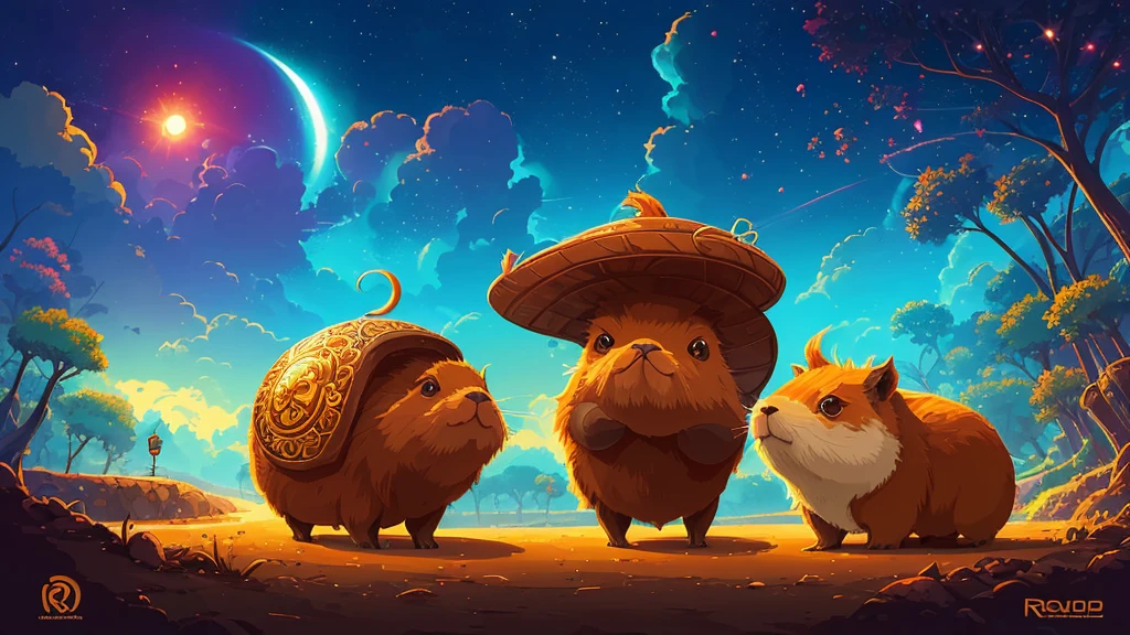 il y a un capybara assis sur un rocher avec des écouteurs, inspired by Cyril Rolando, Cyril Rolando and Goro Fujita, in the style of Cyril Rolando, digital art mignon, by Cyril Rolando, joli digital art détaillé, chillhop, beautiful work of&#39;digital art, oeuvre d&#39;background, Beeple and Jérémie Ketner, Background&#39;high quality screen, adorable digital painting