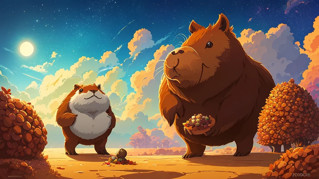 il y a un capybara assis sur un rocher avec des écouteurs, inspired by Cyril Rolando, Cyril Rolando and Goro Fujita, in the style of Cyril Rolando, digital art mignon, by Cyril Rolando, joli digital art détaillé, chillhop, beautiful work of'digital art, oeuvre d'background, Beeple and Jérémie Ketner, Background'high quality screen, adorable digital painting