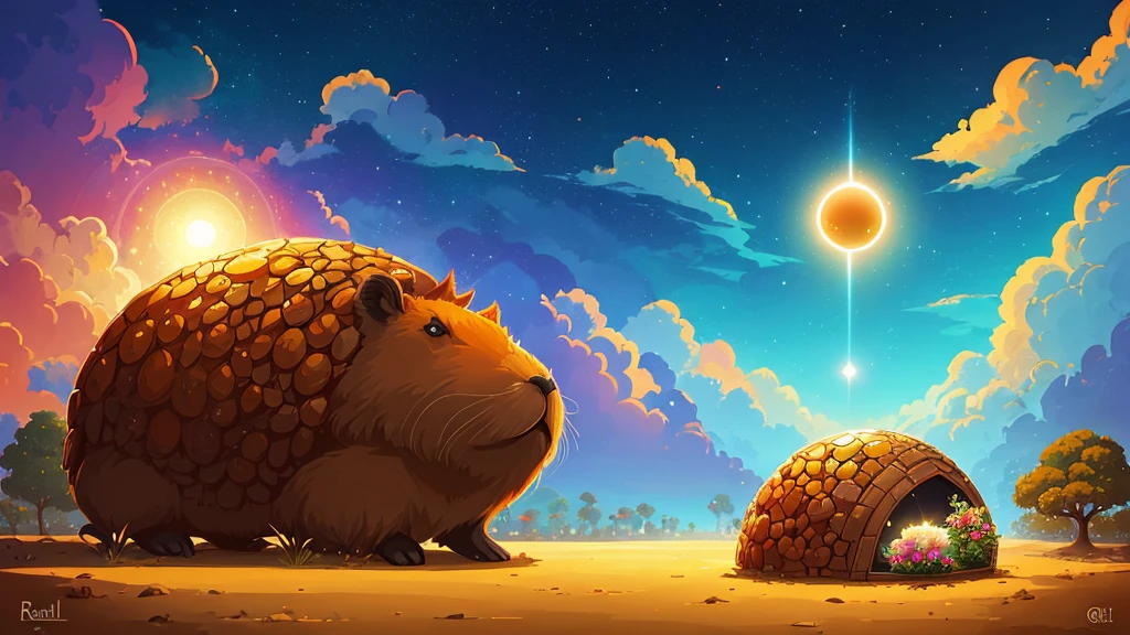 il y a un capybara assis sur un rocher avec des écouteurs, inspired by Cyril Rolando, Cyril Rolando and Goro Fujita, in the style of Cyril Rolando, digital art mignon, by Cyril Rolando, joli digital art détaillé, chillhop, beautiful work of'digital art, oeuvre d'background, Beeple and Jérémie Ketner, Background'high quality screen, adorable digital painting