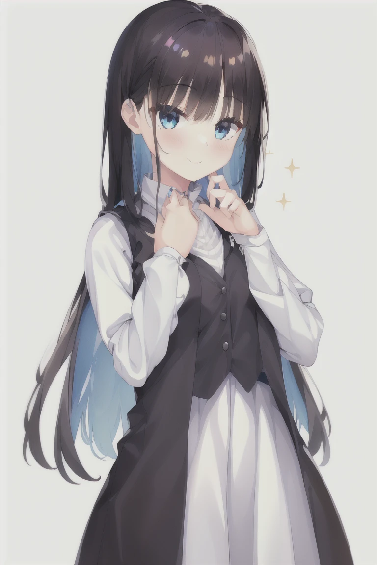 1girl,bangs,blunt_bangs,middle_long_hair,独奏,Blue_eyes,blush,simple_background,white_background,black_hair,necklace,smile,long_sleeves,dress,shirt,Vest,white_shirt,puffy_sleeves,own_hands_together,closed_mouth,(Blue_Vest:1.3), bangs, Vest gilet, pullover Vest, (white dress:1.35),expensive_solve, clear_image, expensive_Contrast, 8k, Sparkling, beautiful_detailed_face_and_eye, (Black Hair:1.25), 白 eye,White background,White background