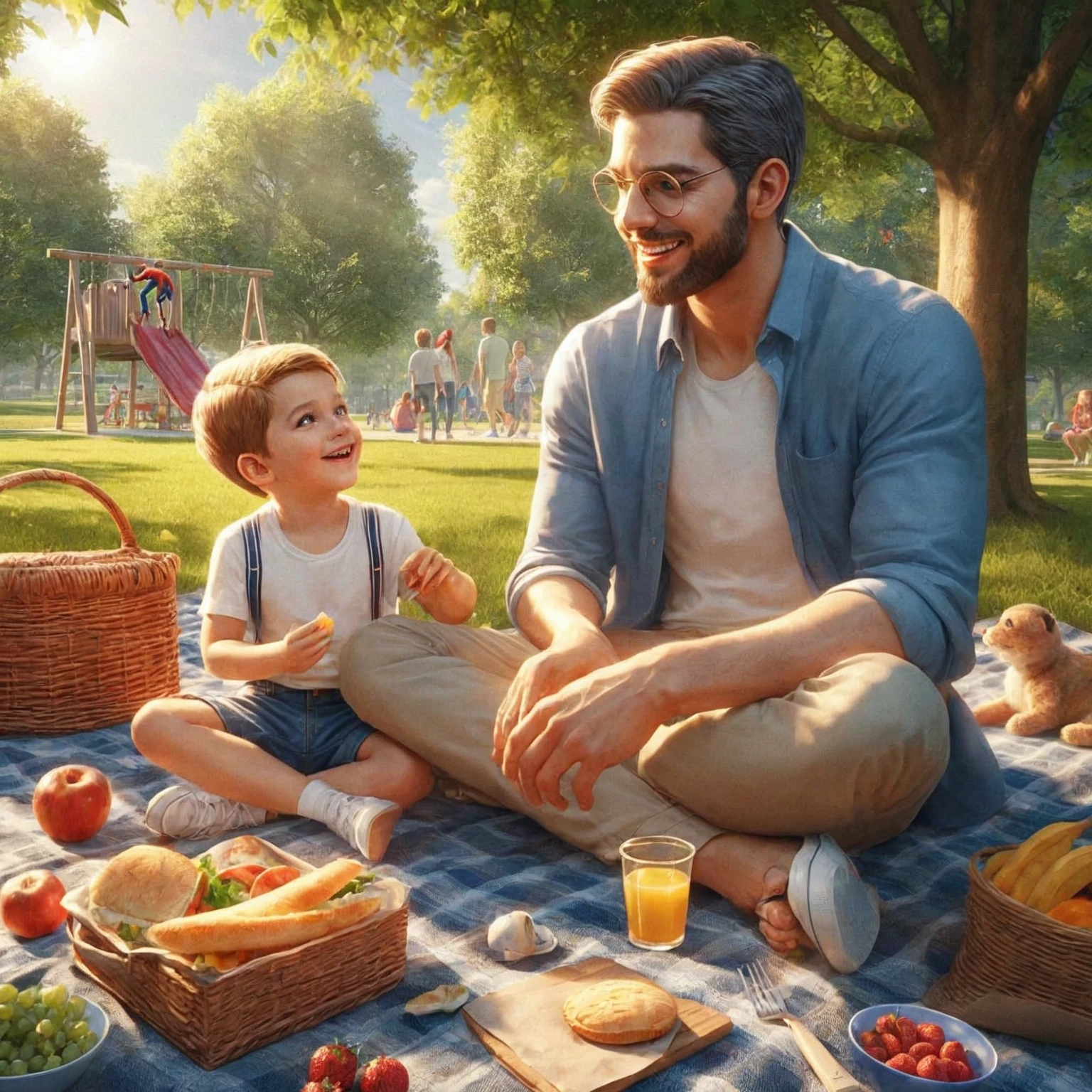 create image Spiderman and Spiderman kid picnic on the park, realism, photorealistic, detailed visuals