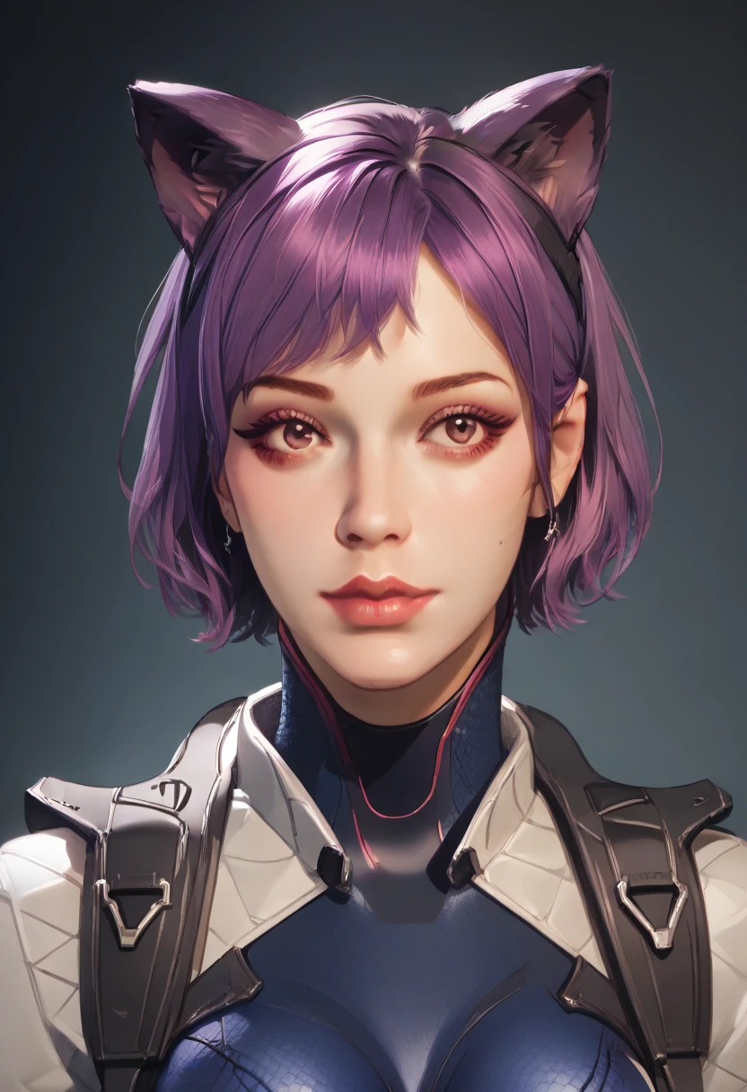 score_9, score_8_up, score_7_up, source_photo, realistic, nsfw, bodysuit, cat ears, purple hair, short hair,