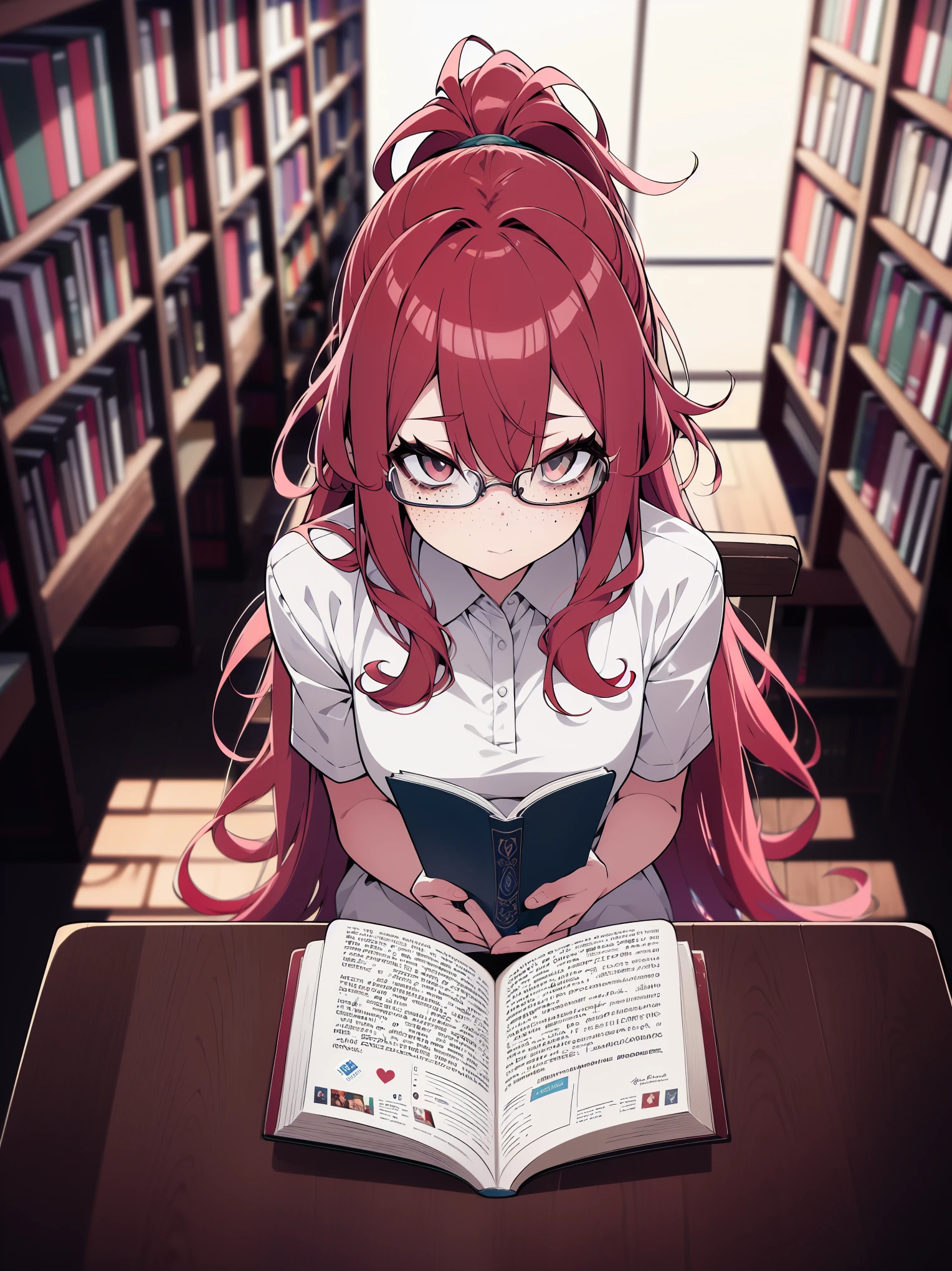 from above, colorful, (best quality, ultra-high resolution, depth of field:1.2), 1woman, long red hair, ponytail, hazel eyes, freckles, slender build, white dress, glasses, (library background), focused and serene, sitting, reading a book