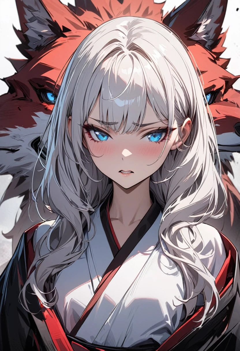 Young girl with white hair and blue eyes, indifferent expression, queen style, cyberpunk, wearing Japanese kimono, high quality masterpiece, high detail, Red Wolf