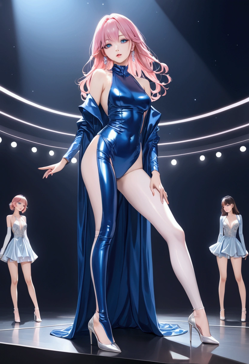 Girl, high, White skin, straight pink hair, blue eyes, made up, dressed in a blue leather outfit with silver details, bare legs, long and sensual legs, on a stage, accompanied by Korean girls