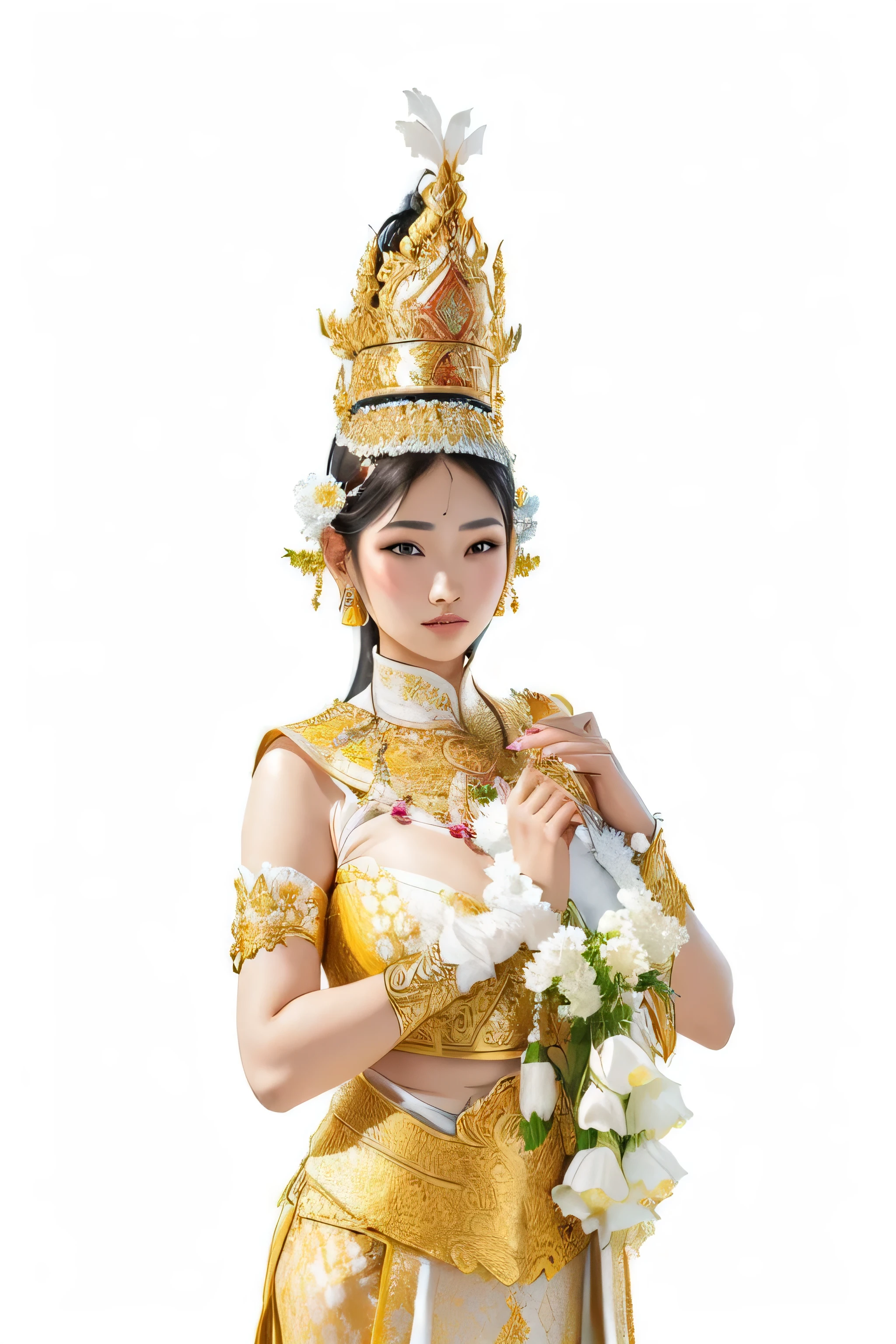 arafed woman in a traditional thai costume holding a flower, sukhothai costume, traditional, traditional beauty, wearing authentic attire, traditional dress, tai costume, nivanh chanthara, photo taken with nikon d750, photo taken with nikon d 7 5 0, traditional tai costume, wearing traditional garb, in style of thawan duchanee