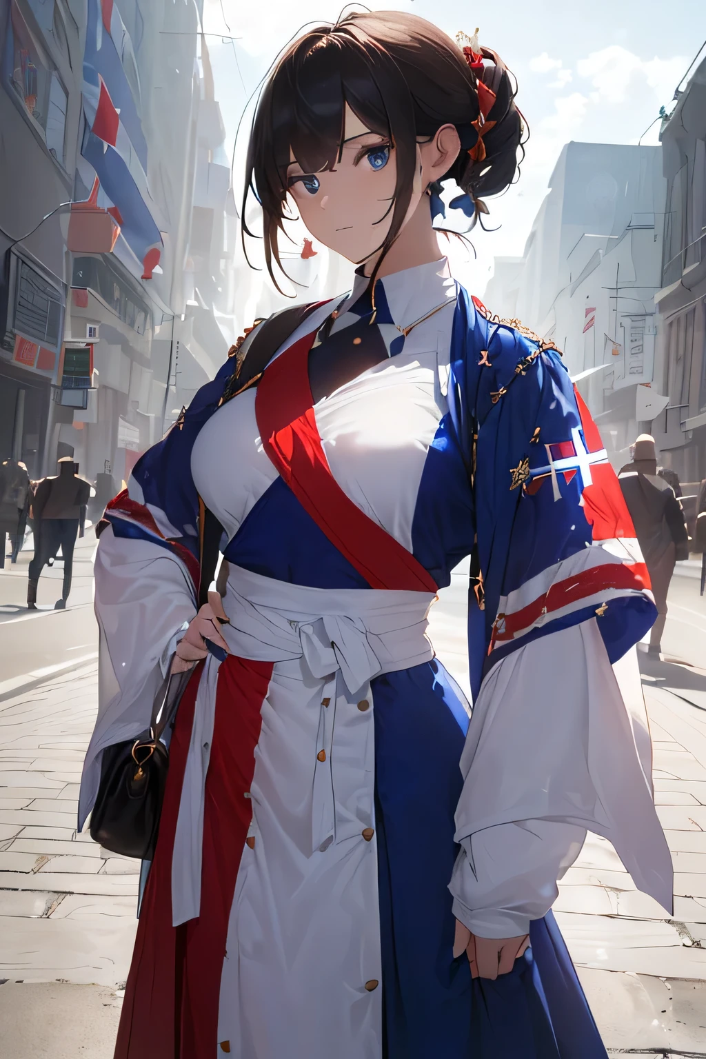 (((Costume inspired by the flag of the Kingdom of Norway:1.3))),(((Woman in men's clothing:1.3))),(),(masterpiece,Highest quality,Ultra-high resolution output images,Write boundary depth,Intricate details,Adding dimension to your subject with the contrast of light and shadow,Anatomically correct facial structure),(Picture Mode Ultra HD,)