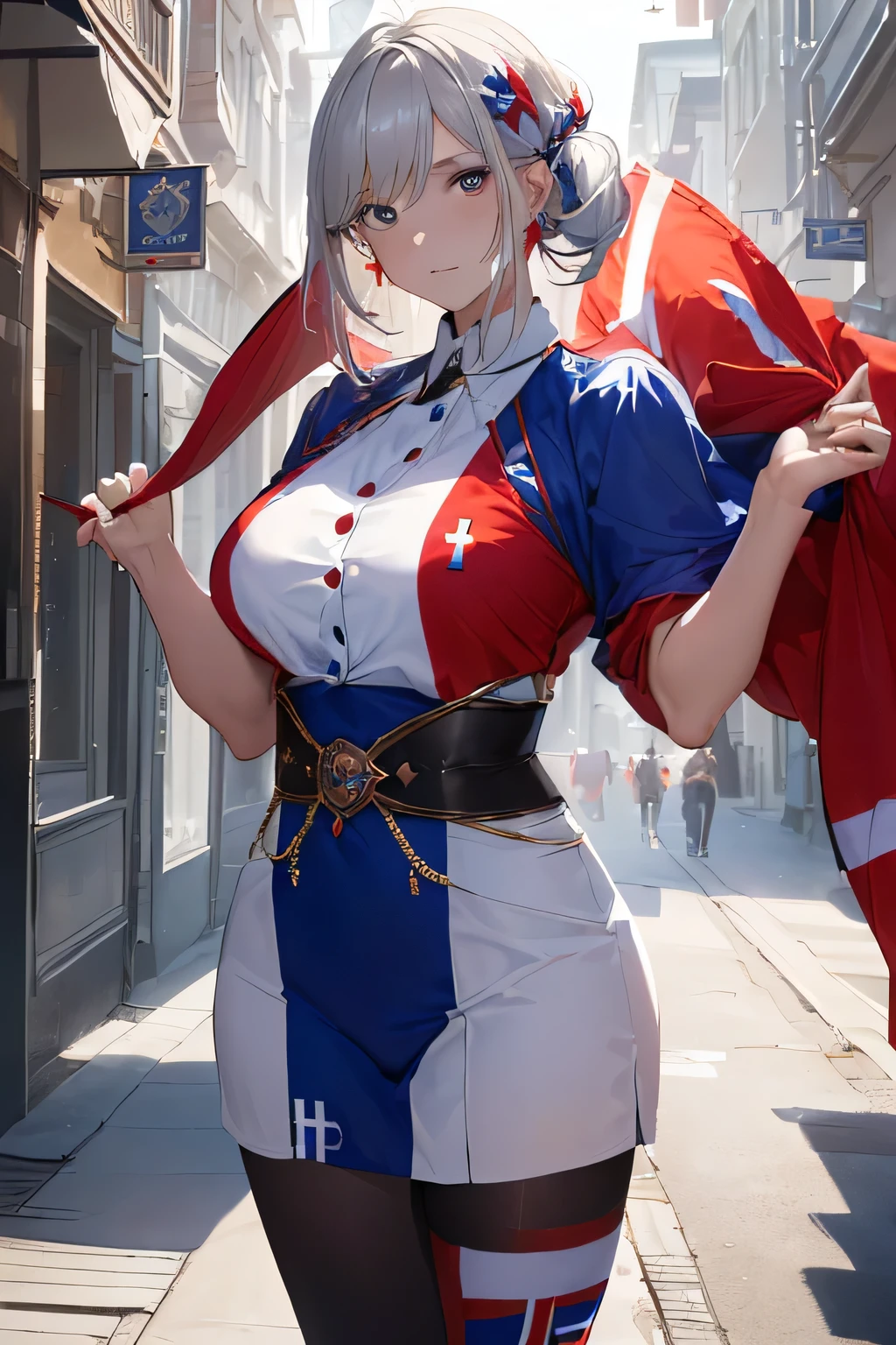 (((Costume inspired by the flag of the Kingdom of Norway:1.3))),(((Woman in men's clothing:1.3))),(),(masterpiece,Highest quality,Ultra-high resolution output images,Write boundary depth,Intricate details,Adding dimension to your subject with the contrast of light and shadow,Anatomically correct facial structure),(Picture Mode Ultra HD,)