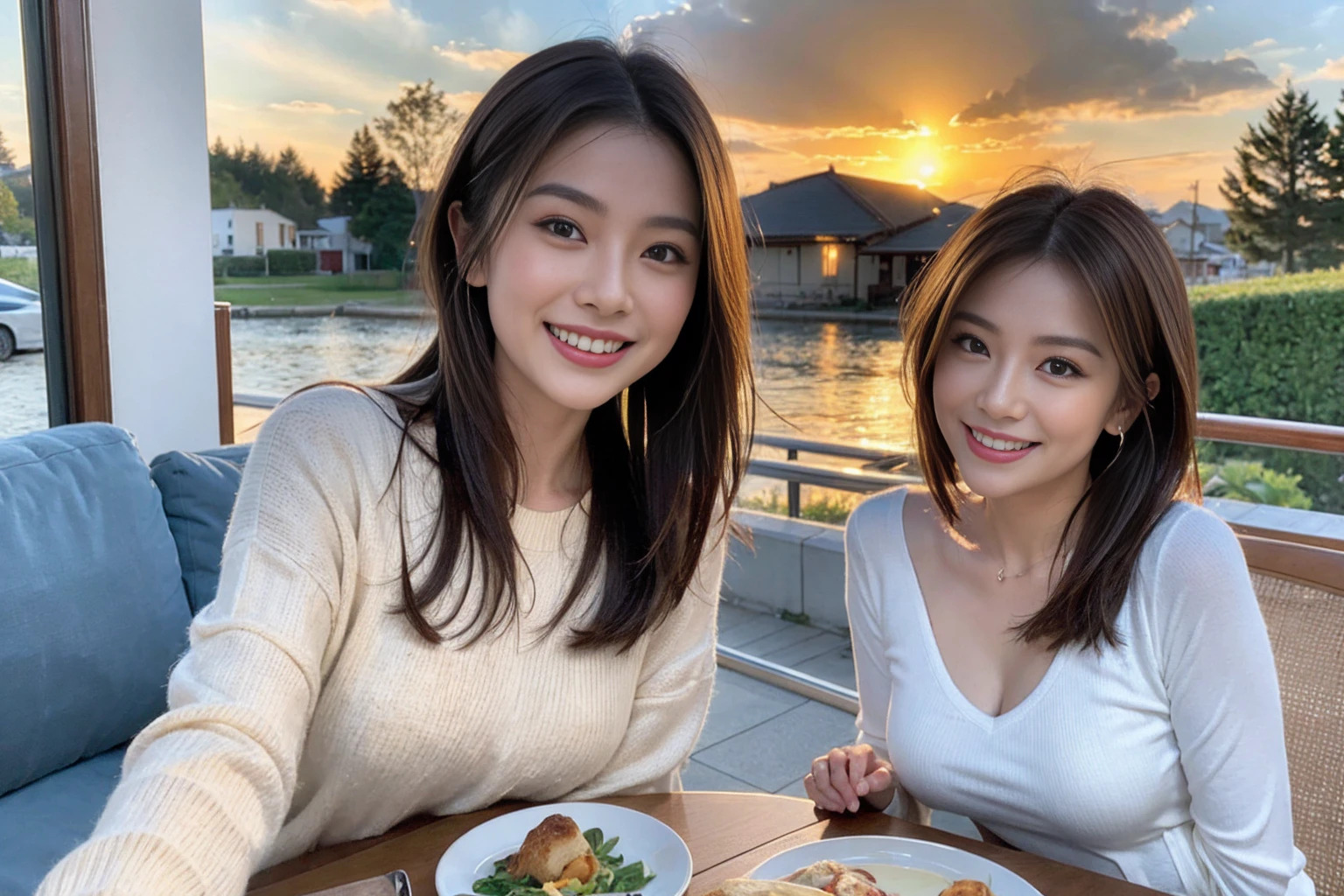 (Realistic:1.1),(masterpiece,Highest quality),8k,(44 years old), 47 years old, spouse、Happy couple、Model Couple、actress/actor、Tight waist,Upper Body,full-course dinner、wine 、Amazing view of the sunset sky and clouds、Perfect Anatomy, Brown Hair, short hair,Random Hairstyles,((Highly detailed face and eyes:1.2))(cute顔:1.4),美しいactressの顔,Perfect golden ratio face,Long sleeve shirt、dress,(smile:1.2)、Shortcuts、cute、(Realistic, Intricate details:1.2), A bright smile、short hair,Bright Face、赤wine 、Appetizers、Italian food、wine bottle、Champagne、スパークリングwine、(slimな顔), (The body is slim), (Brown Hair), (Shortcuts), Upper Body, 白wine, slim, wineグラス,