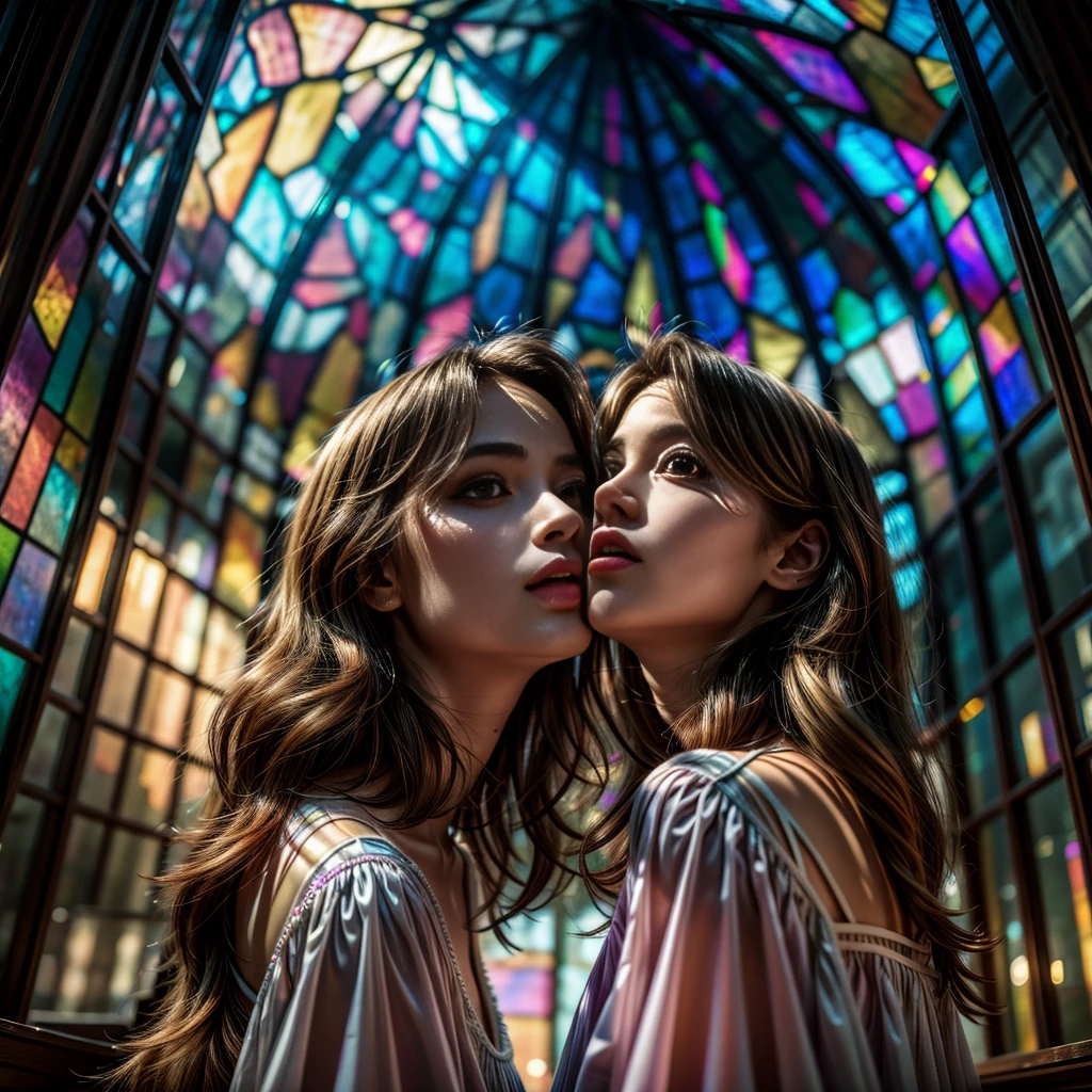 (Cathedral from below:1.28) (ZoomLayer) TopQuality 8K masterpiece of ((Professional photo)), (((Clarisse de Cagliostro))) (Detailed White WeddingDresses), Chain, (((Extremely detailed KAWAII face))) {((VeiledFace))|BlondeHair|(Elaborate BuleEyes)with(SparklingHighlights:1.28)}, The background is distant (((Elaborate stained glass))) Rainbow Glass, {(MysticSight)|EnchantingAtmosphere|Haze|(GodRays)|TyndallEffect}, Radiant PearlSkin with Transparency, (Exposed:0.39)