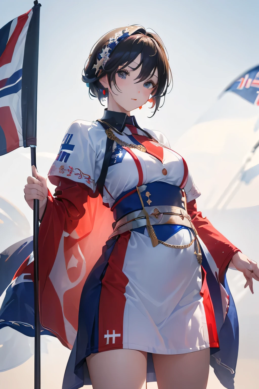 (((Costume inspired by the flag of the Kingdom of Norway:1.3))),(((Woman in men's clothing:1.3))),(),(masterpiece,Highest quality,Ultra-high resolution output images,Write boundary depth,Intricate details,Adding dimension to your subject with the contrast of light and shadow,Anatomically correct facial structure),(Picture Mode Ultra HD,)