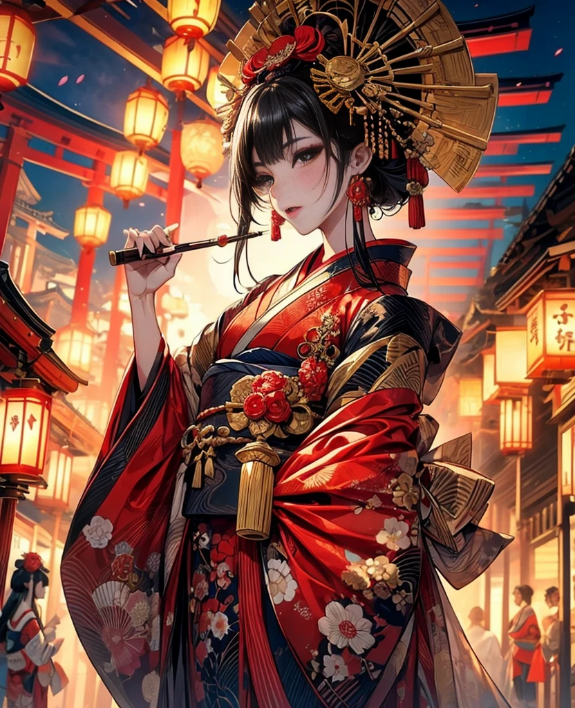 8k,close to viewerclose to viewer,god々A beautifully and gorgeously decorated courtesan,Black Japanese clothing,luxurious makeup,(Gorgeous black and red costume:1.2),(Oiran hair ornament,Big Barrel),(Smoke pipe),Osaka Castle seen in the distance,Courtesan Procession,Night scenery with lanterns lined up,Dynamic movement and powerful brushstrokes、Drawing strokes drawn with rot ring 0,
