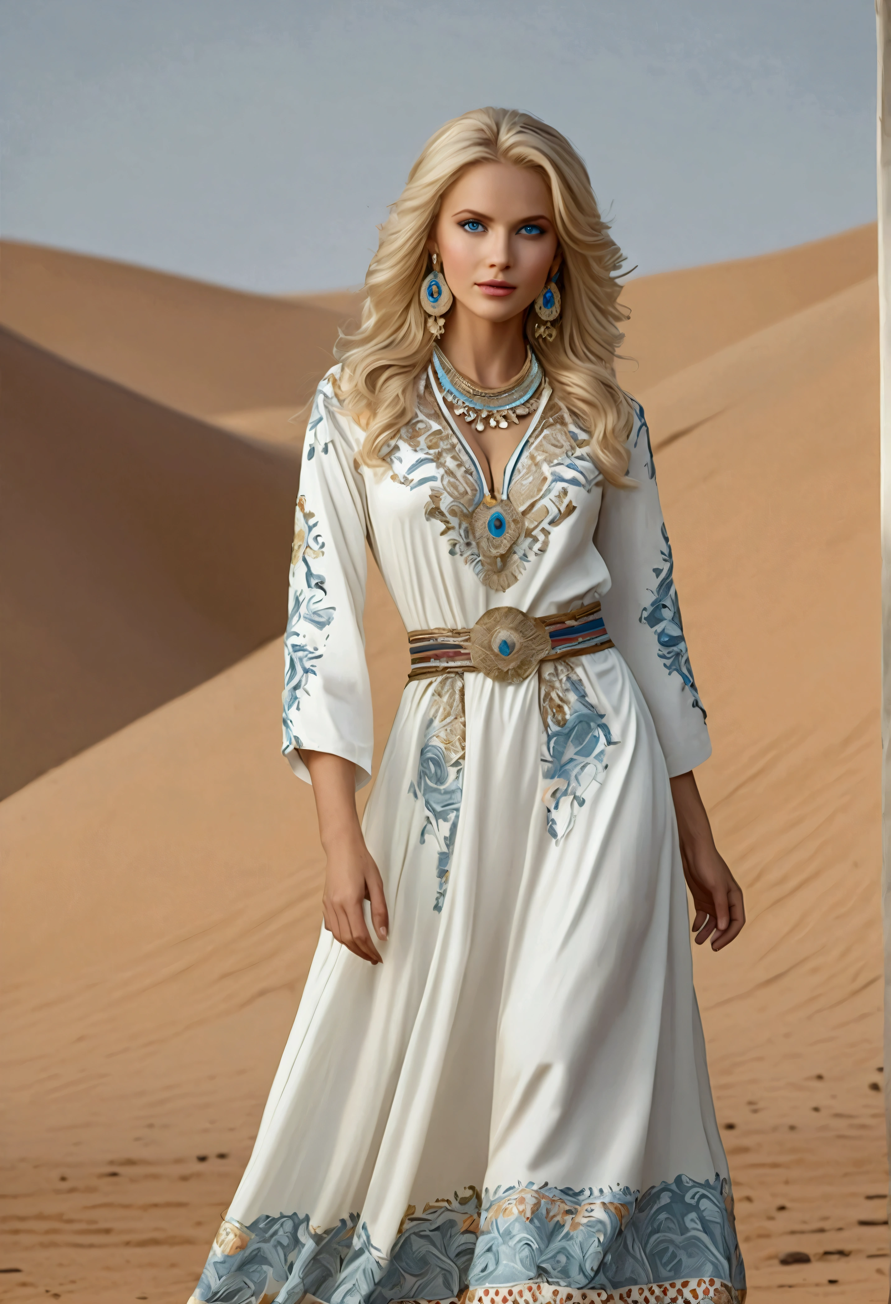 Illustration of a fashion model being photographed in the desert,
Ukrainian beauty, blonde, blue eyes
Intricate detailed white dress, light blue belt, colourful, necklace, earrings, bracelet, high heels
Model posing,
Masterpiece, Best Quality, 8K, high contrast, Vivid contrast, 