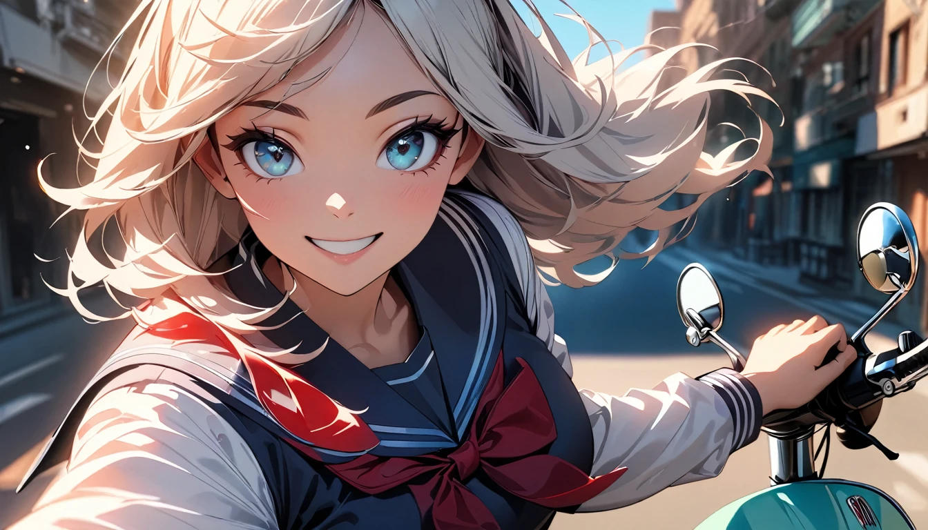 (Highest quality:1.2, Very detailed, Latest, Vibrant, Ultra-high resolution, High Contrast, Super Detail, masterpiece:1.2, Highest quality, Best aesthetics), (((1 girl))), Beautiful woman, (smile:1.2), Vespa, (high school girl riding a scooter), Detailed skin texture, Sailor suit, Pleated skirt, Detailed face, Detail Eye, Beautiful Eyes, Hair blowing in the wind, Detailed scooter, ((Vespa:1.2)), Pop Art.