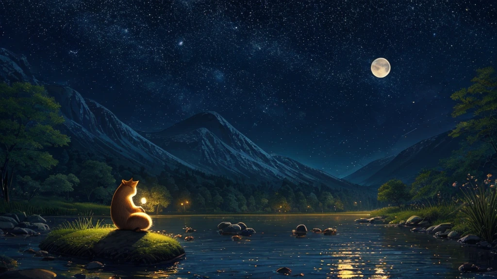 Create a captivating 4K landscape illustration featuring a small capybara sitting by a calm riverbank under a moonlit sky. The capybara is wearing oversized headphones and is immersed in listening to music. The background includes lush greenery, glowing fireflies, and a starry night sky with a full moon casting a gentle glow. The scene should evoke a sense of peace and relaxation, with soft, warm colors and whimsical details. Ensure the image is balanced and fits well into a 3840 x 2160 resolution.