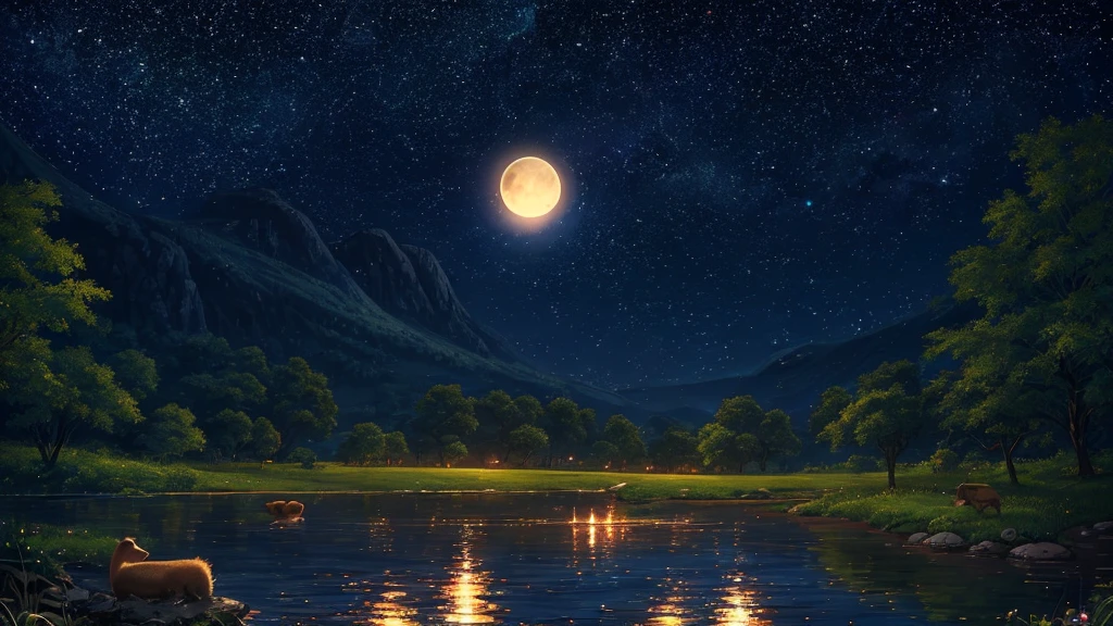 Create a captivating 4K landscape illustration featuring a small capybara sitting by a calm riverbank under a moonlit sky. The capybara is wearing oversized headphones and is immersed in listening to music. The background includes lush greenery, glowing fireflies, and a starry night sky with a full moon casting a gentle glow. The scene should evoke a sense of peace and relaxation, with soft, warm colors and whimsical details. Ensure the image is balanced and fits well into a 3840 x 2160 resolution.