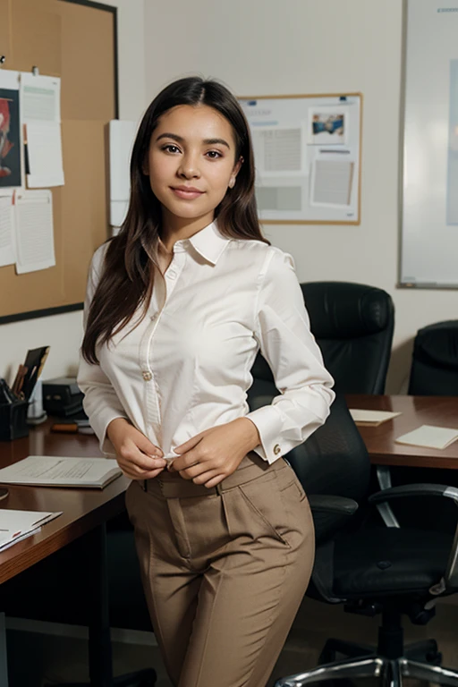 Photo of A young latin HR recruiter, in her office. 35mm camera soft blur background, Portrait view. Wearing elegant uniform including pants