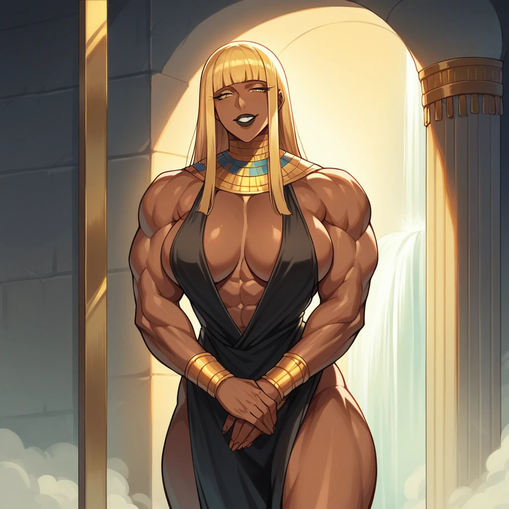 Dark buff strong woman character, muscle arms, muscle body, buff body, tall woman, full dark brown skin, strong arms, long fringe hair, blonde hair, blonde fringe hair, fringe hair, scales in body, black lips, egypt hair, milf, yellow lights, morning, extremely luxurious city background, waterfalls, scales, mature woman, scale in arms, leaning against a wall, black open cleavage dress with abs, laugh, gold patterns in skin, skin shine