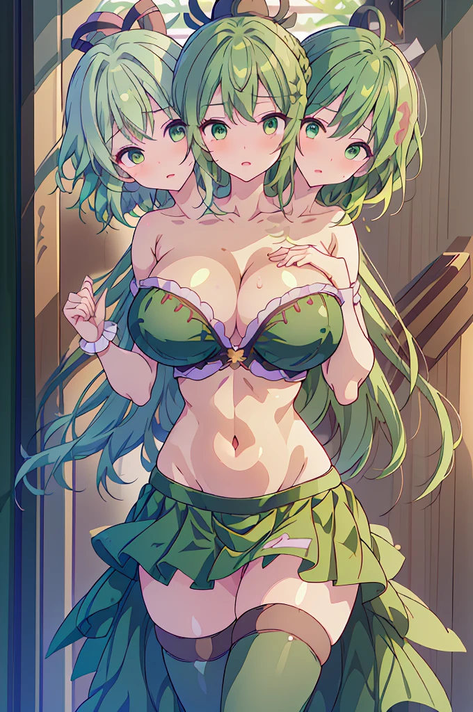 (masterpiece, best quality), best quality, (ultra-detailed), (3heads:1.5), 1girl, (soga no tojiko:1.3), masterpiece, best quality, ultra quality, ultra resolution, ultra detail, dark green top, crop top, ((stomach)), midriff, ((groin)), dark green skirt, normal ears, shackles, green hair, (same hair color), very long hair, wavy hair, sidelocks, green eyes, very detailed eyes, parted lips, sweat, cute, toned belly, hand on own chest, eyelashes, (24 year old woman:1.3), (masterpiece:1.5), (best quality:1.5), (beautiful detailed), extremely detailed CG, extremely delicate and beautiful, depth of field, (finely detailed face), (perfect details:1.2), (mature female:1.4), wide pelvis, slender, large veiny breast, 16k resolution, highres, very high quality, very high definition, extremely detailed, masterpiece, green hair, long hair, alluring presence, braid, short skirt, close up, very big tits, huge tits, young, ofuda, two ghost tails, girl with three heads, three headed girl,