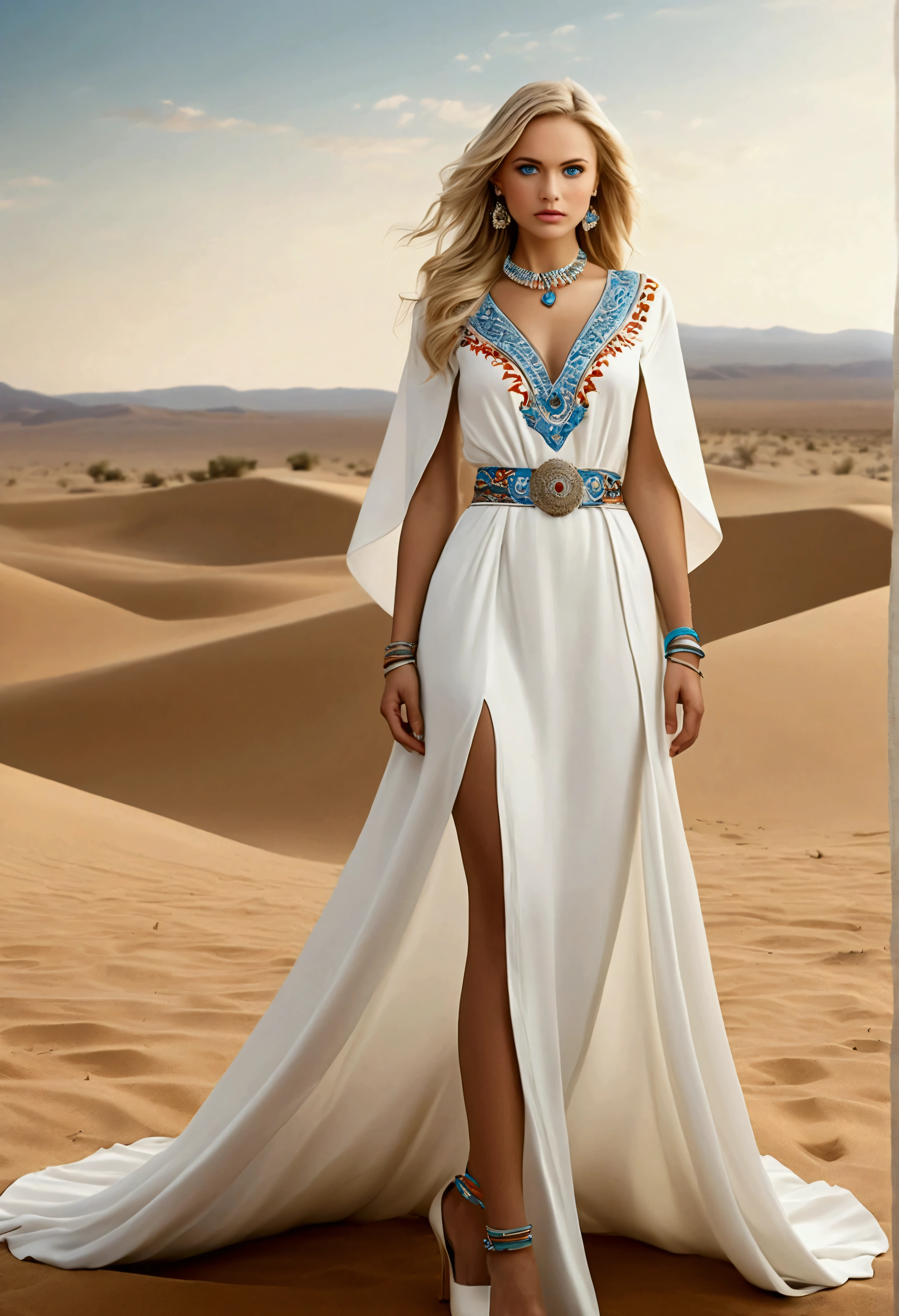 Illustration of a fashion model being photographed in the desert,
Ukrainian beauty, blonde, blue eyes
Intricate detailed white dress, light blue belt, colourful, necklace, earrings, bracelet, high heels
Model posing,
Masterpiece, Best Quality, 8K, high contrast, Vivid contrast, 