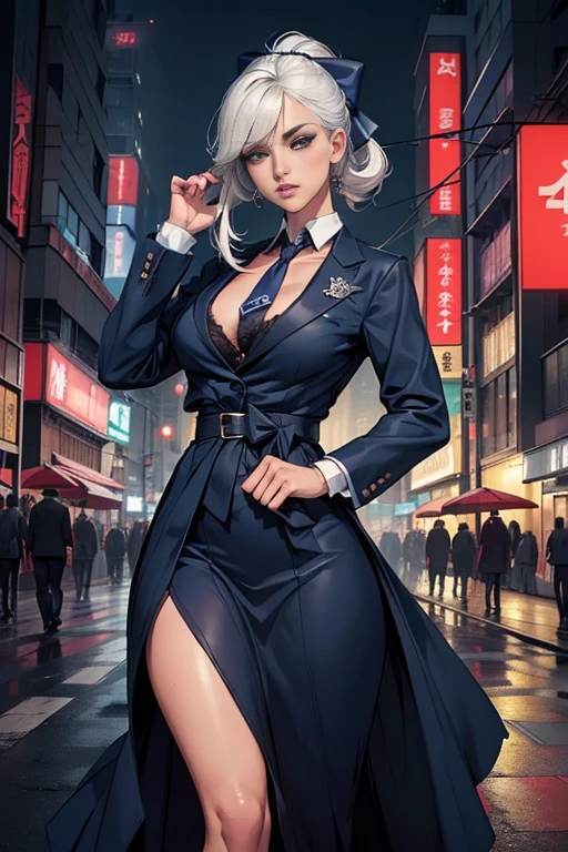 (8k, CRU photo, work of art:1.3), (realisitic, photo-realisitic:1.37), (natta), (looking ahead at viewer:1.331), (White hair), posando, Tokyo street, nattacityscape, cyberpunk city, smooth light, 1 girl, Extremely beautiful face, Bustness, put your hands down, Random hairstyled, Random Expression, eyes large, lower abdomen, (manga curta .JK_chemise), JK_styled, (dark blue JK_overskirt), (bow JK_necktie), mix4., best qualityer