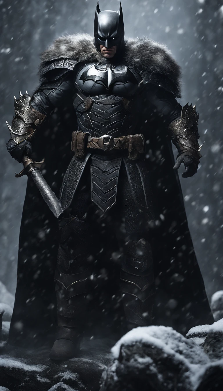 Envision an epic scene featuring a batman-inspired man adorned in highly detailed armor crafted from dragon bones, standing in a dark and foggy landscape with snow blowing behind him. Zoom in on micro-details, capturing the intricacies of his warpaint, armor, and the overall atmospheric setting.

Highlight the batman warpaint with precise detailing, emphasizing the patterns and symbols that contribute to the fierce and intimidating appearance. Focus on the dragon bone armor, showcasing the intricate design, textures, and unique features that set it apart, all illuminated by the dim light of the torch.

Zoom in on the batman face, capturing the determination and intensity in his expression as he holds the torch, which becomes the sole source of light in the dark and foggy scene. Emphasize the flickering light casting shadows on his features, adding depth and mystery.

Consider the snow blowing behind the batman, integrating the dynamic movement of the snowflakes into the scene. Use the dark and foggy atmosphere to create an otherworldly ambiance, enhancing the viking's imposing presence amidst the wintry landscape.

Imagine the batman in a powerful stance, ready for battle or surveying the desolate surroundings. Integrate elements like fur detailing on his attire, capturing the harshness of the environment. Craft an immersive and visually compelling scene that brings together the micro-details of the batman appearance with the atmospheric elements of the dark, foggy, and snowy landscape.

This detailed prompt aims to inspire the creation of a highly detailed and visually captivating depiction of a viking-looking man in dragon bone armor, set in a dark and foggy scene with blowing snow, with the torchlight providing the sole source of illumination and emphasizing intricate micro-details. Flaming Dragon in background