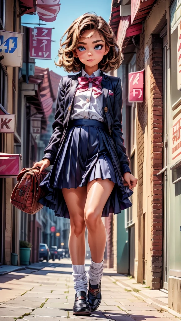 A beautiful young fashion model, , full body, wearing a Latest fashion school uniform, comically jumping and walking down the runway, outdoor, detailed face, large eyes, long eyelashes, beautiful lips, intricate hairstyle, (best quality,4k,8k,highres,masterpiece:1.2),ultra-detailed,(realistic,photorealistic,photo-realistic:1.37),vibrant colors, dynamic lighting, cinematic composition, fashion photography, whimsical, playful