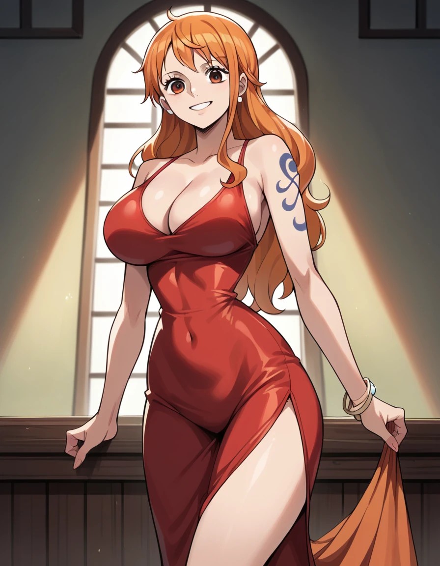 score_9, score_8_up, score_7_up, source_anime, best quality, clear face, Nami, orange hair, long hair, orange eyes, large breasts, perfect body, standing, looking at viewer, smile, cleavage, tight dress, red clothes, thighs, gorgeous room, lighting, hotel, lift breast, support breast 