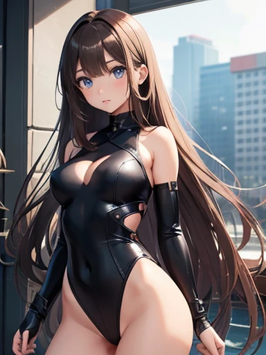 Imagine a full length young girl in tight high cut armored leotard, hip_bones,  medium breasts, beautiful thighs, beautiful eyes, very long brown hair 