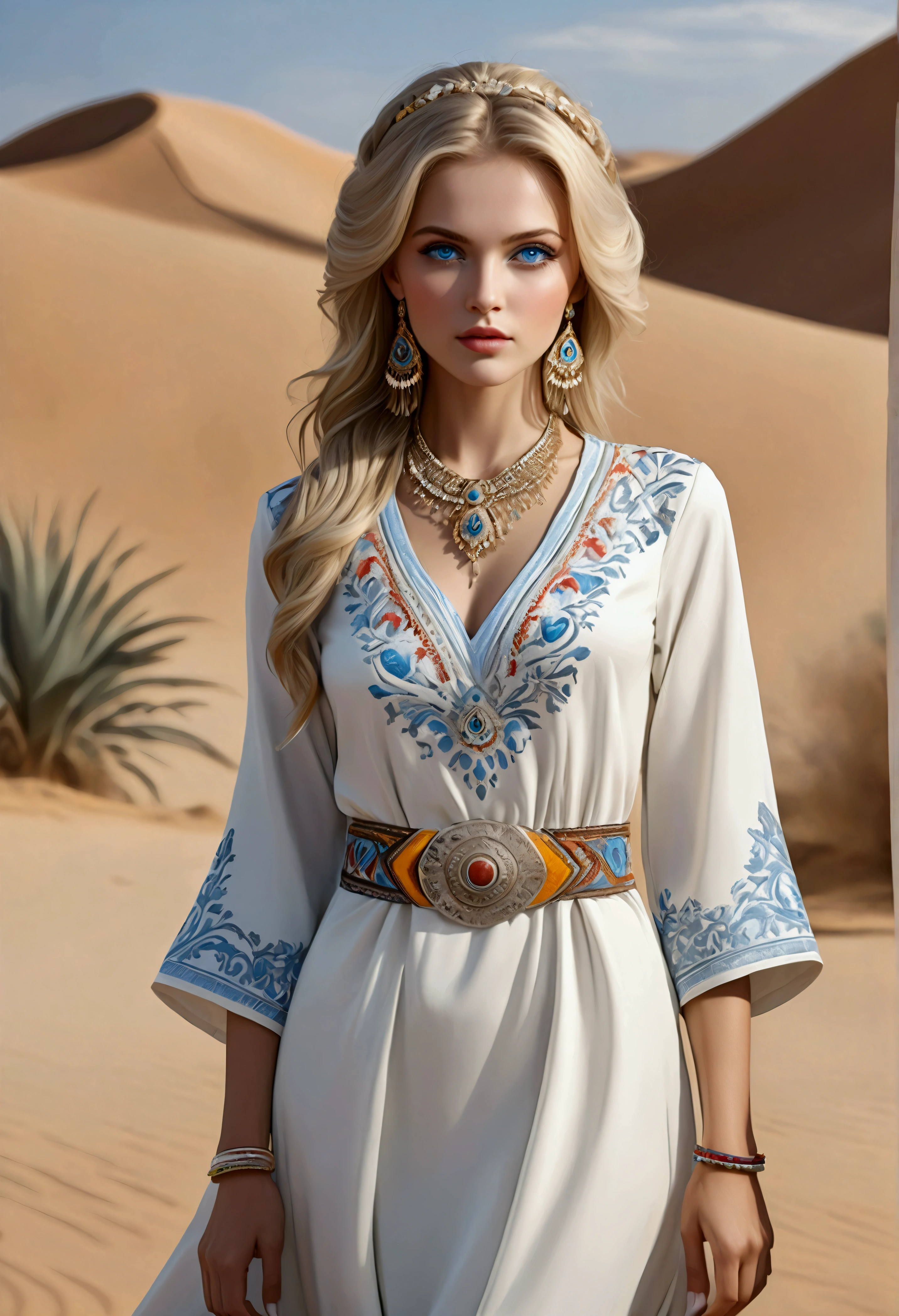 Illustration of a fashion model being photographed in the desert,
Ukrainian beauty, blonde, blue eyes
Intricate detailed white dress, light blue belt, colourful, necklace, earrings, bracelet, high heels
Model posing,
Masterpiece, Best Quality, 8K, high contrast, Vivid contrast, 