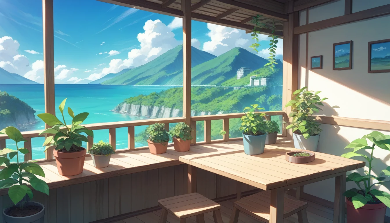 Sunny daytime rural landscape。Mountain々A view from the balcony overlooking the sea。White clouds in the blue sky。The balcony is lined with potted plants.。There is a small wooden table。The overall color scheme is mainly vibrant blue and green, with warm sunlight streaming in.。The artwork is anime-style with vivid, bright colors.。With delicate details and soft lines and shadows。Illustrations with a calm and relaxing atmosphere。