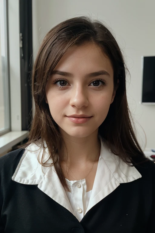 Photo of A young european HR recruiter, in her office. 35mm camera soft blur background, Close Portrait view. Wearing elegant uniform