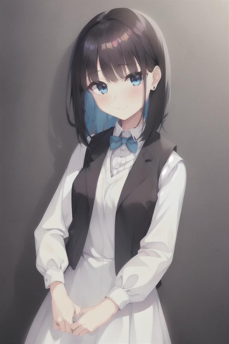 1girl,bangs,blunt_bangs,middle_long_hair,独奏,Blue_eyes,blush,simple_background,white_background,black_hair,necklace,smile,long_sleeves,dress,shirt,Vest,white_shirt,puffy_sleeves,own_hands_together,closed_mouth,(Blue_Vest:1.3), bangs, Vest gilet, pullover Vest, collared_shirt, (white dress:1.35),expensive_solve, clear_image, expensive_Contrast, 8k, Sparkling, beautiful_detailed_face_and_eye, (Black Hair:1.25), 白 eye,White background,White background