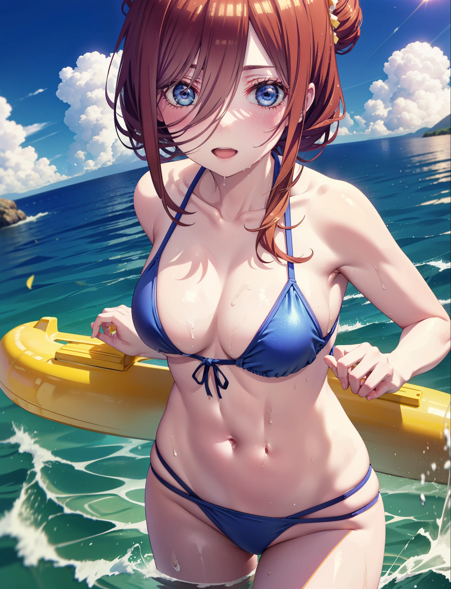 Miku Nakano, miku nakano, Long Hair, bangs, blue eyes, Brown Hair, shirt, Hair between the eyes, Blue string bikini swimsuit,barefoot,Big Breasts,Water Play,Wet Hair,Wet Hair,Wet swimsuit,Hair Bun, double  Hair Bun,Hair Lock,smile,Open your mouth,Ocean水浴,True Summer,Clear skies,whole bodyがイラストに入るように,
break outdoors, Ocean,Sandy Beach,
break looking at viewer, whole body, (Cowboy Shot:1. 5)
break (masterpiece:1.2), Highest quality, High resolution, unity 8k wallpaper, (figure:0.8), (Beautiful attention to detail:1.6), Highly detailed face, Perfect lighting, Highly detailed CG, (Perfect hands, Perfect Anatomy),