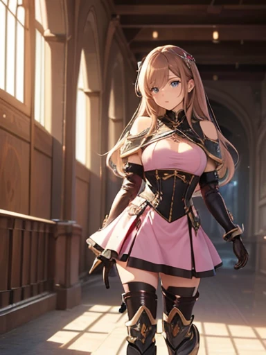 imagine one ((masterpiece)), Best Quality, 4k HD, ultra detailed, holographic, a beautiful mature girl, of long hair, Brown hair, drill hair style, beautiful eyes, almond eyes,  blue eyes, disney style eyes,  medium breasts, Whole body,  curvy body, beautiful legs. musketeer girl. She is wearing a short pink dress, light leather armor, high heel leather boots, leather knee pads, leather gloves, leather elbow pads, a leather shoulder pad. it is ((standing)) with his legs apart, loose arms, Tender smile, passionate look, expression of love. Estilo Genshin Impact 