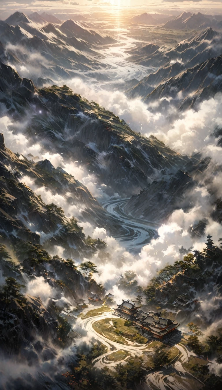 absurdres, ultra detailed, beautiful lighting, (focus solo boy)1.1, masterpiece, (Japanese traditional kimono), (sophisticated landscape)1.2, Realism, Meiji art, (Samurai)1.2, atmosphere, steam texture, shape composition, wide shot, from above, Attractive composition