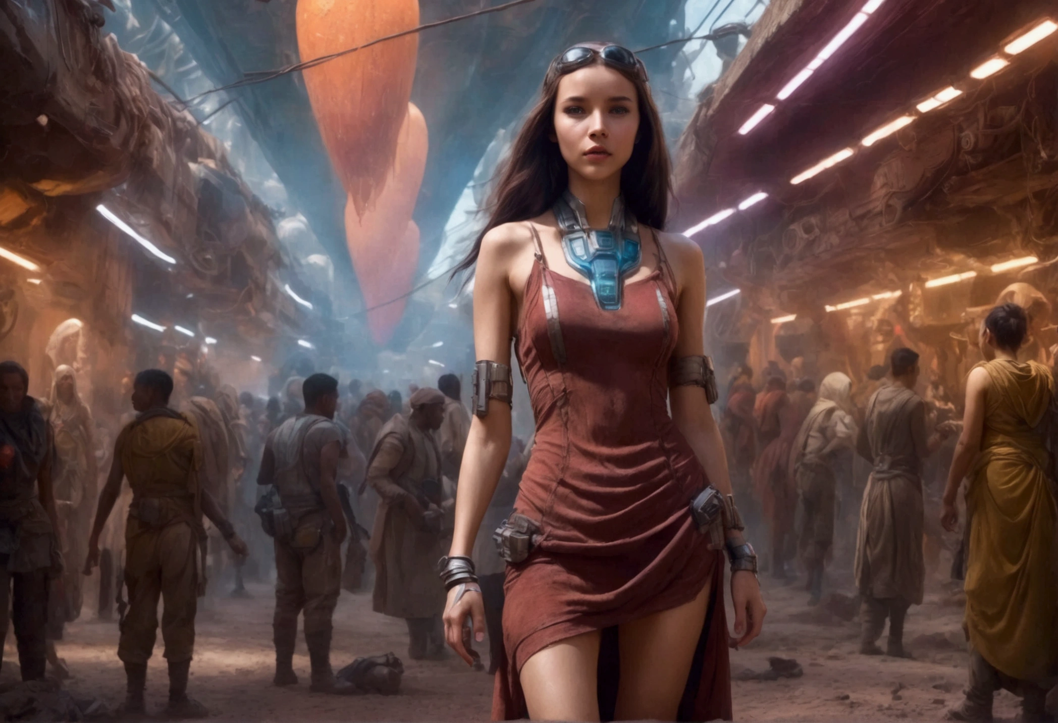a lovely woman in an airy dress, marketplace on tattooine(area is seed, rusty, dusty, and used. People are dressed in ruddy outer layers but have vibrant clothing beneath. Dust and sand continually get on the floor. droids small and worn busy themselves battling the dirt and grime), aliens, star wars, cyberpunk, neon lights, crowd, futuristic, vibrant colors, detailed, photorealistic, 8k, high quality, cinematic, dynamic pose, beautiful girl, long flowing hair, intricate dress design, alien vendors, bustling marketplace, scifi atmosphere, dramatic lighting, advanced technologies, retro-futuristic, gritty urban, synergistic blend