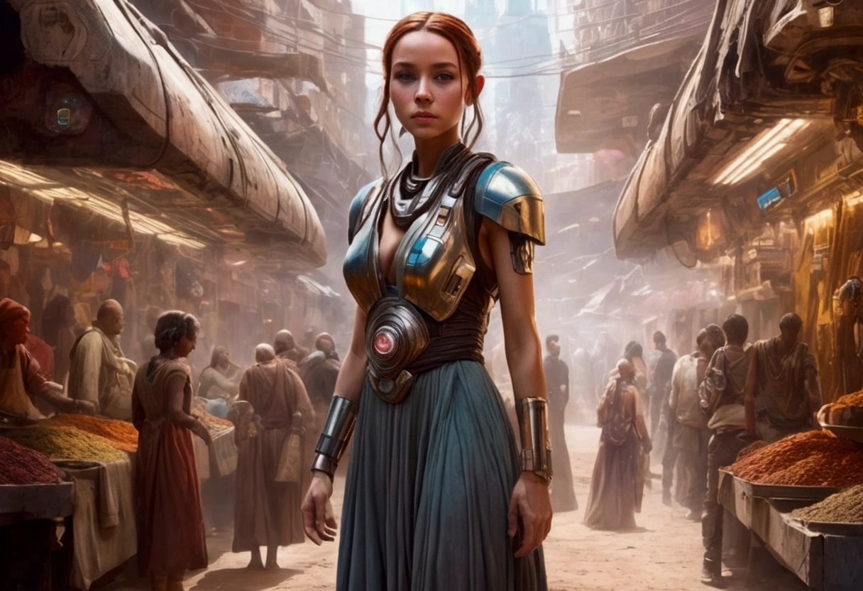 a lovely woman in an airy dress, marketplace on tattooine(area is seed, rusty, dusty, and used. People are dressed in ruddy outer layers but have vibrant clothing beneath. Dust and sand continually get on the floor. droids small and worn busy themselves battling the dirt and grime), aliens, star wars, cyberpunk, neon lights, crowd, futuristic, vibrant colors, detailed, photorealistic, 8k, high quality, cinematic, dynamic pose, beautiful girl, long flowing hair, intricate dress design, alien vendors, bustling marketplace, scifi atmosphere, dramatic lighting, advanced technologies, retro-futuristic, gritty urban, synergistic blend