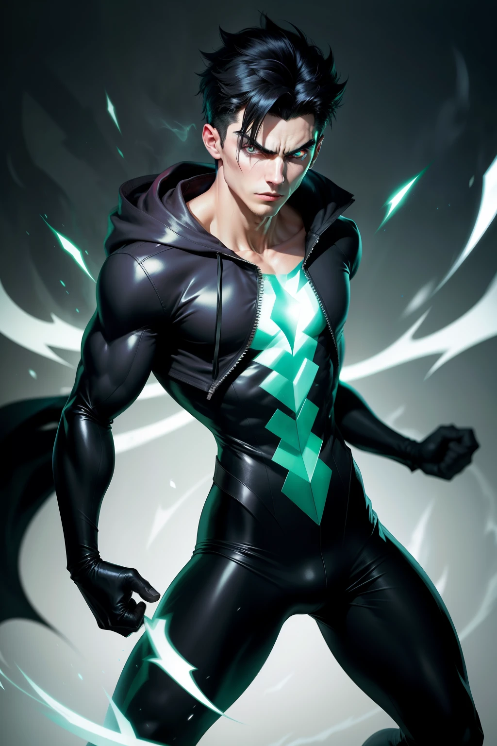Danny Phantom, a ghostly superhero with emerald green eyes and jet-black hair, is depicted in this image. His iconic ghostly attire, complete with a hooded jacket and ghostly gloves, is illuminated by a pale, ethereal glow. His eyes are sharp and focused, reflecting his determination and courage as he confronts an unseen threat. The background is filled with a swirl of ghostly energy, further emphasizing his ghostly powers.